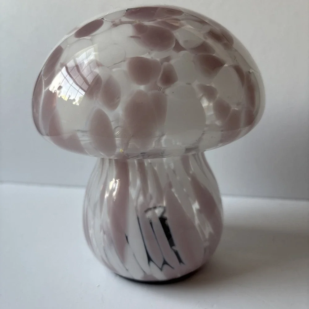 Pink White Swirl Glass Mushroom Lamp Battery Operated Light Up Decor 7